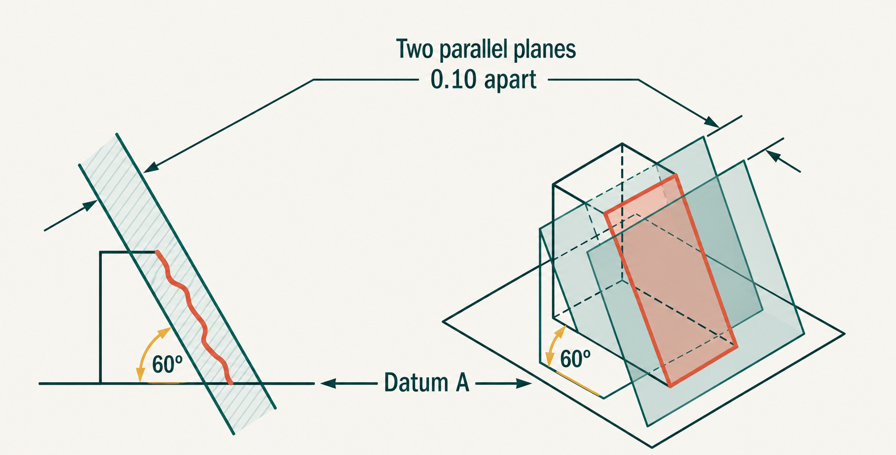 Angularity illustrated as two parallel planes at a basic 60 degree angle to datum A.