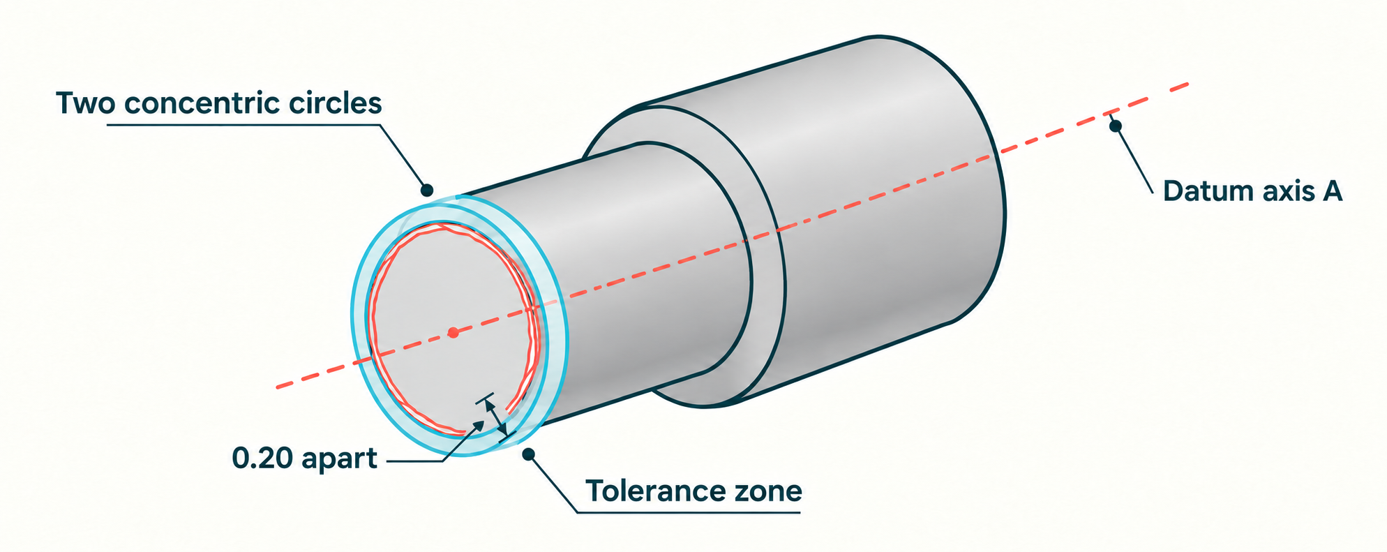 Circular runout illustrated at one cross-section by two concentric circles about datum axis A.