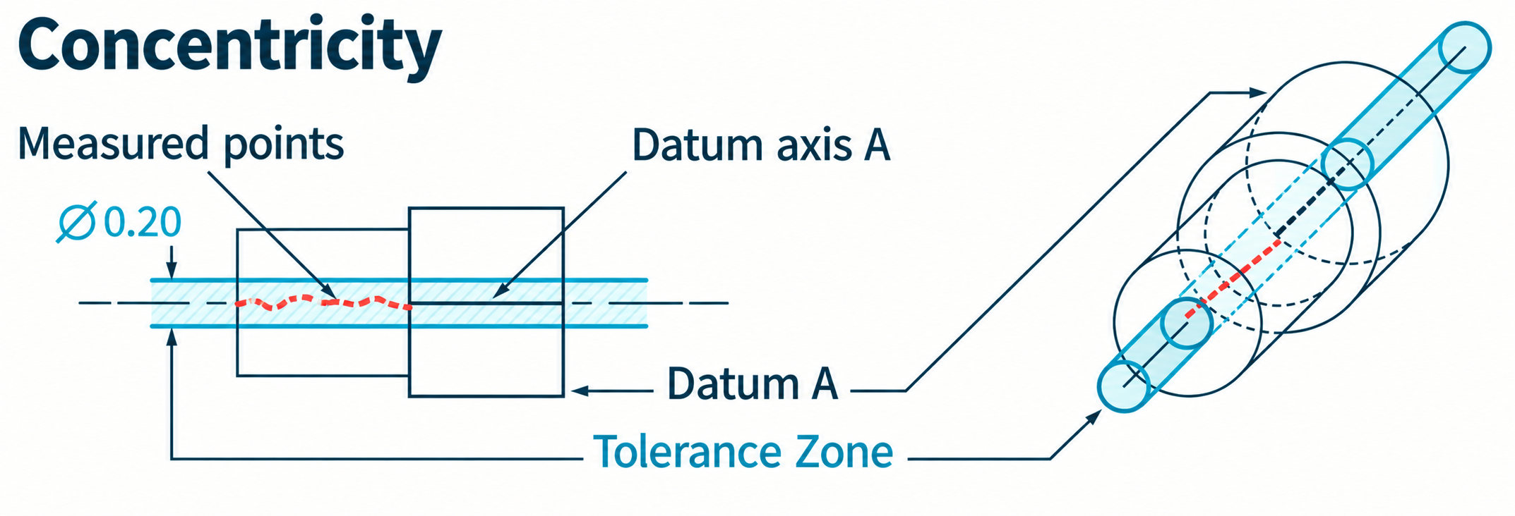 Concentricity illustrated as a cylindrical zone containing derived median points about datum axis A.