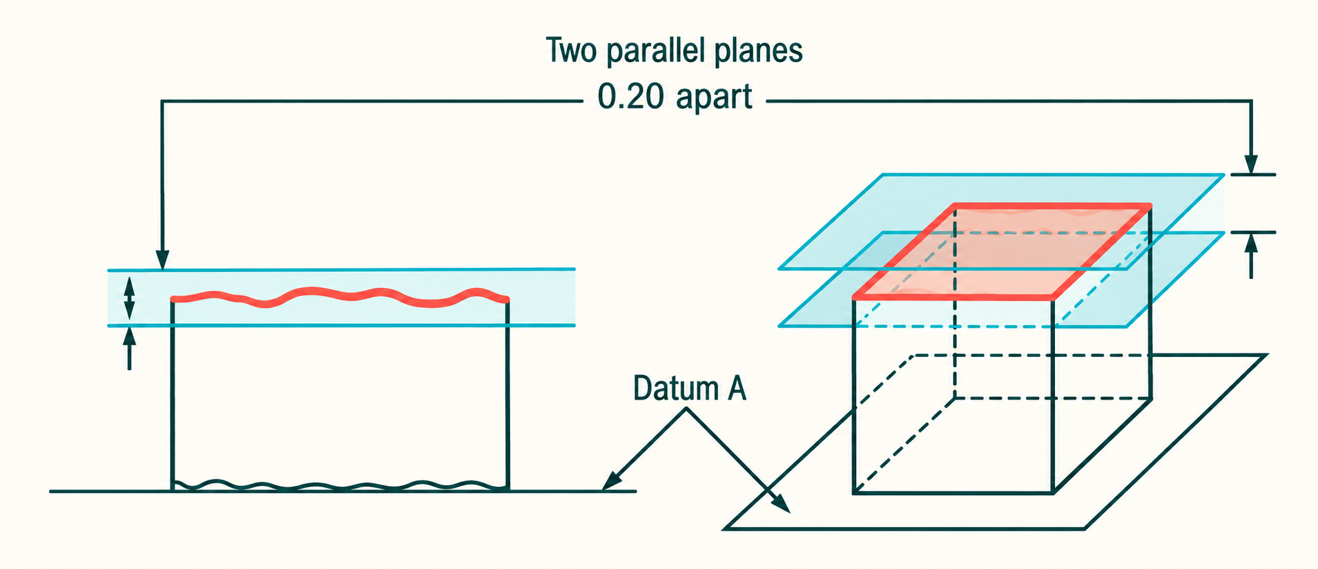 Parallelism illustrated as two parallel planes oriented parallel to datum A.
