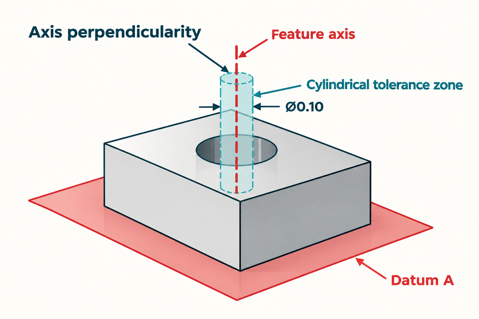 Axis perpendicularity illustrated as a cylindrical tolerance zone perpendicular to datum A.