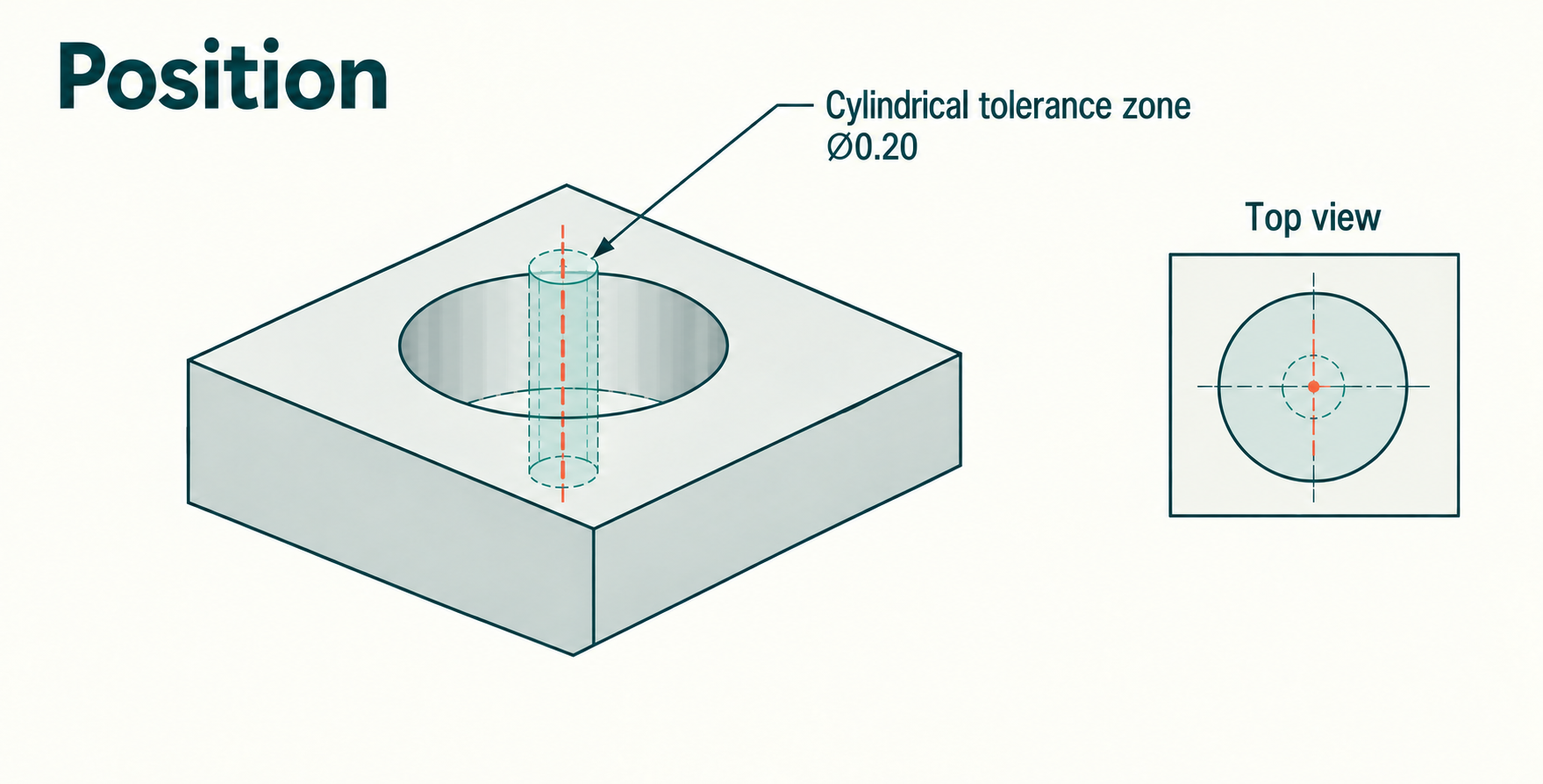 Position illustrated as a cylindrical tolerance zone around a hole axis, located from datums A, B, and C.