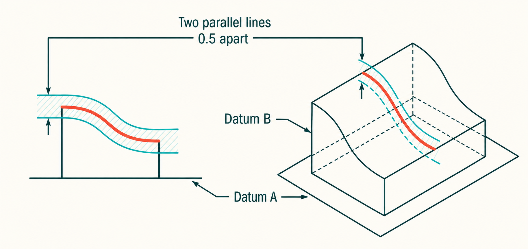 Profile of a line illustrated as two offset profile curves around one sectional contour, located from datums A and B.