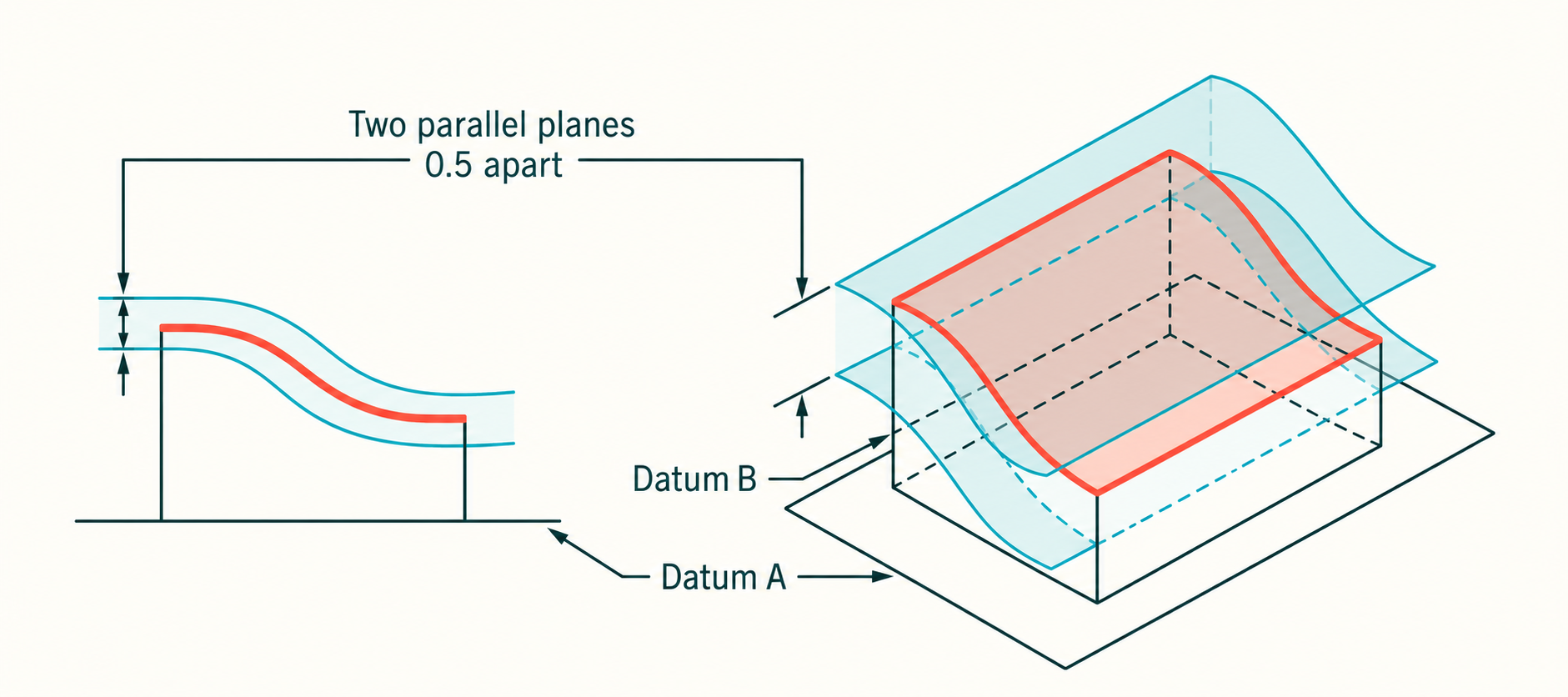Profile of a surface illustrated as two conformal surfaces around a three-dimensional contoured part, located from datums A and B.