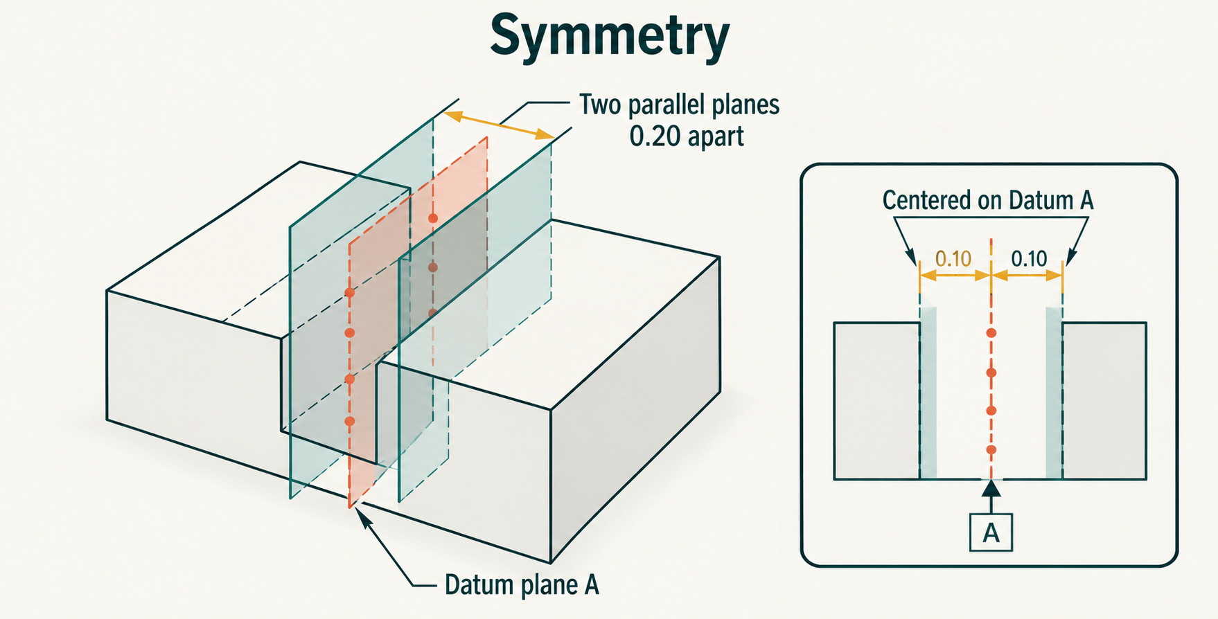 Symmetry illustrated as two parallel planes centered about datum plane A and containing derived median points.